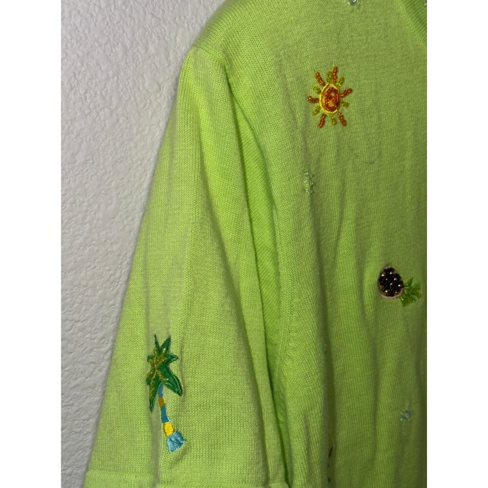 Vintage Berek Flamingo Tropical Cardigan Lime Green Novelty Sweater XL - Picture 10 of 11